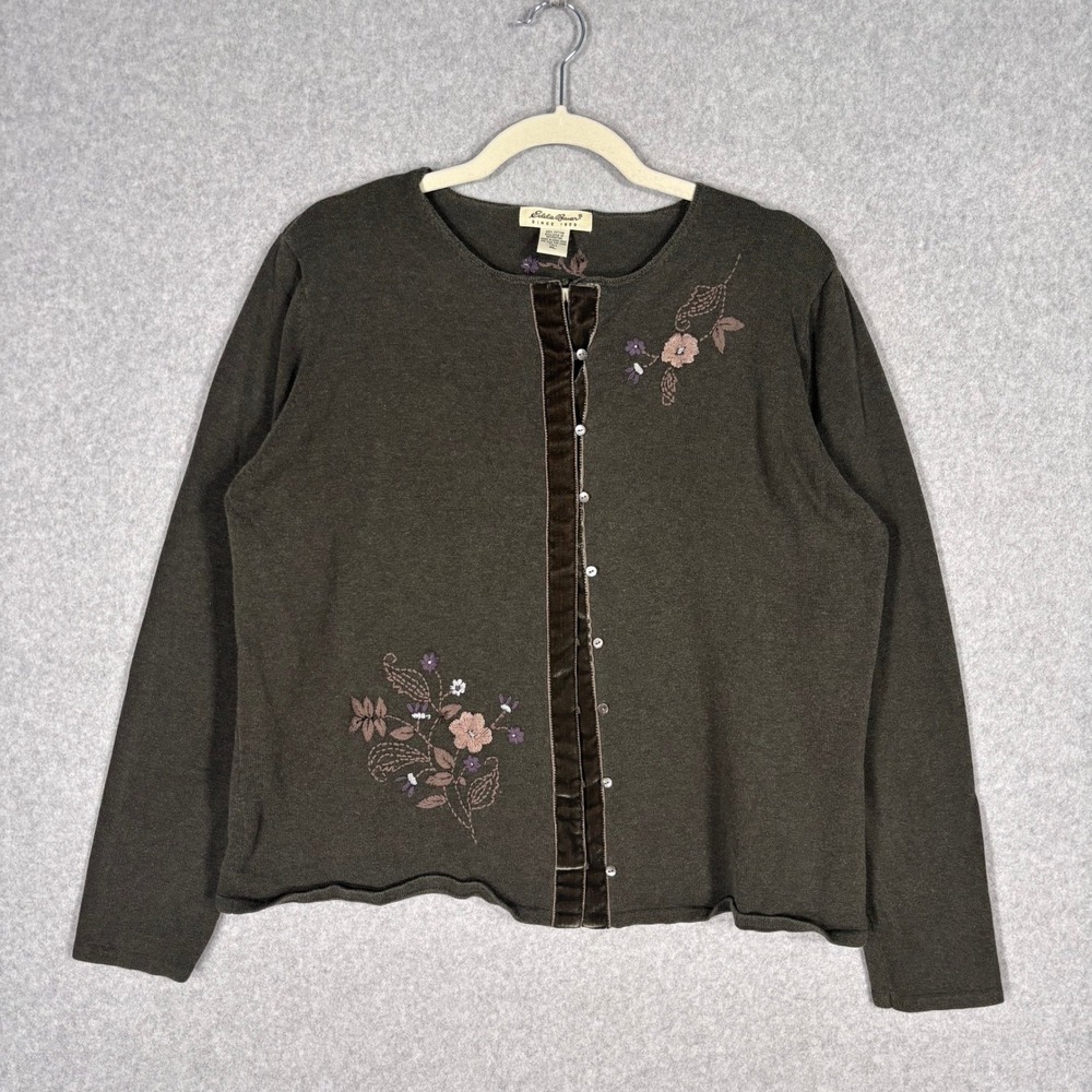 Vintage Eddie Bauer‎ Velvet Trim Cardigan Sweater XL Tall Floral Embroidered **